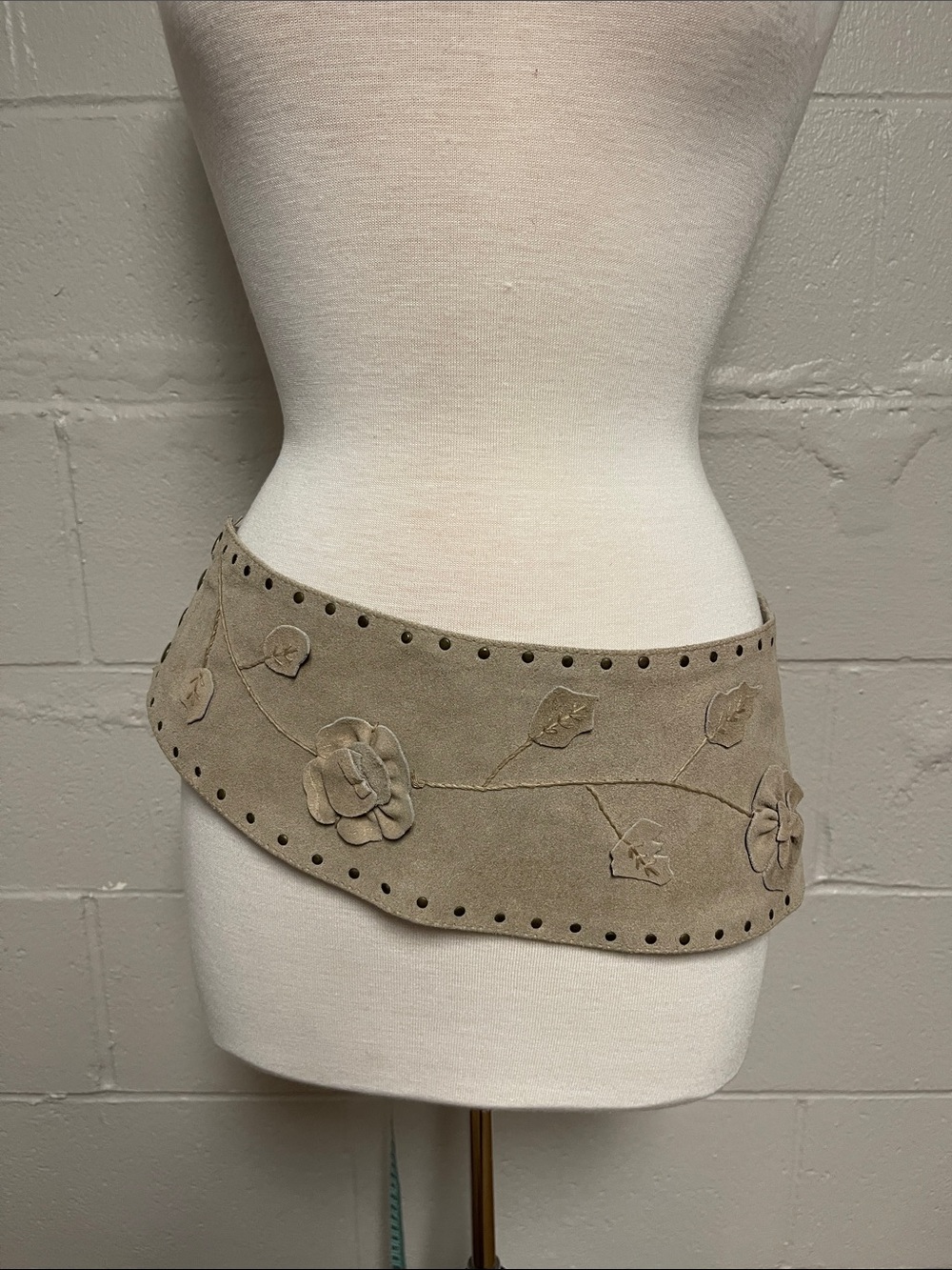 Hand Crafted Taupe Suede Floral Wide Waist Belt